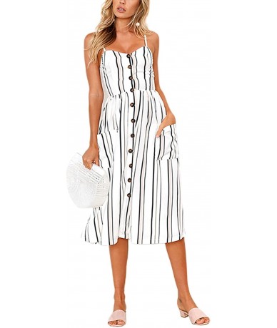 Cover-Ups Women's Casual Summer Floral Bohemian Spaghetti Button Down Dress - White Striped 3 - C118UK3CTLW $34.18