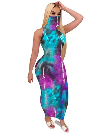 Cover-Ups Womens Slim Dress- Tie-dye Sleeveless Fit Long Sexy Wrap Dress with Face Cover - Blue - CR19COGUQ6Q $50.19