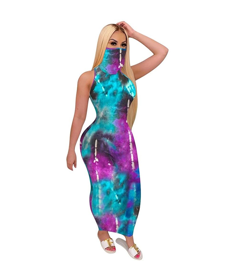 Cover-Ups Womens Slim Dress- Tie-dye Sleeveless Fit Long Sexy Wrap Dress with Face Cover - Blue - CR19COGUQ6Q $50.19