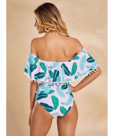 Sets Womens High Waisted Off Shoulder Ruffle Tankini Swimsuits Sexy 2 Piece Tassel Printed Crop Top Bikini Sets Green 2 - CO1...