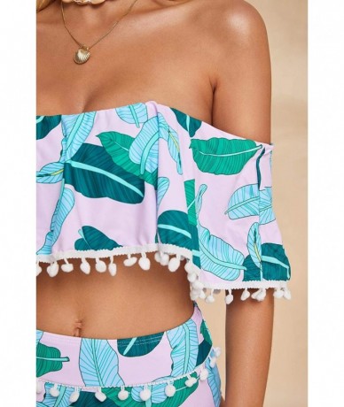 Sets Womens High Waisted Off Shoulder Ruffle Tankini Swimsuits Sexy 2 Piece Tassel Printed Crop Top Bikini Sets Green 2 - CO1...