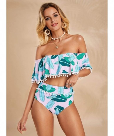 Sets Womens High Waisted Off Shoulder Ruffle Tankini Swimsuits Sexy 2 Piece Tassel Printed Crop Top Bikini Sets Green 2 - CO1...