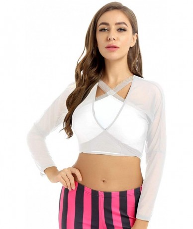 Rash Guards Women's Deep V Neck Long Sleeve Mesh Sheer Bandage Cross Front Wrap Crop Tops - White - C819DI077CH $28.85