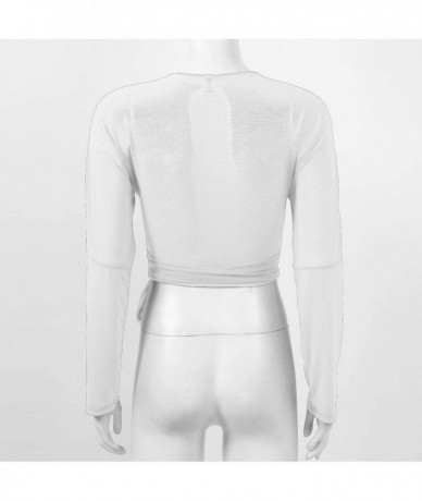 Rash Guards Women's Deep V Neck Long Sleeve Mesh Sheer Bandage Cross Front Wrap Crop Tops - White - C819DI077CH $28.85