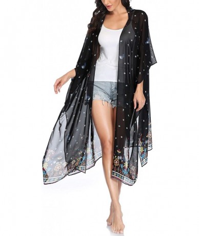 Cover-Ups Womens Floral Kimono Cardigans Flowy Chiffon Long Beach Swimsuit Cover Ups - Black Flowers - C1199A0G9IA $23.78