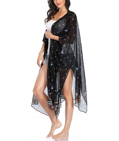 Cover-Ups Womens Floral Kimono Cardigans Flowy Chiffon Long Beach Swimsuit Cover Ups - Black Flowers - C1199A0G9IA $23.78