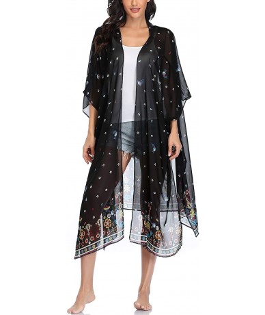 Cover-Ups Womens Floral Kimono Cardigans Flowy Chiffon Long Beach Swimsuit Cover Ups - Black Flowers - C1199A0G9IA $23.78