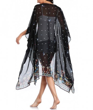 Cover-Ups Womens Floral Kimono Cardigans Flowy Chiffon Long Beach Swimsuit Cover Ups - Black Flowers - C1199A0G9IA $23.78