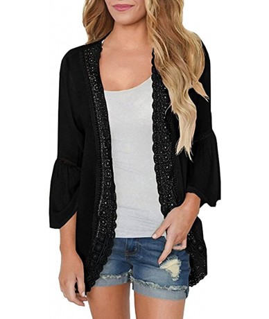 Cover-Ups Womens Kimono Cardigan- Mesh Panel 3/4 Bell Sleeve Floral Open Front Cover Up Tops Blouses - Black - CS18TQDAA2L $2...