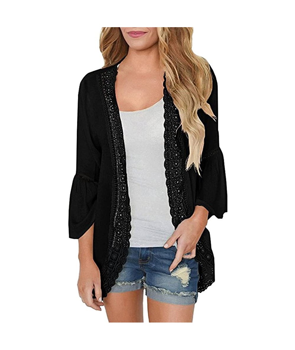 Cover-Ups Womens Kimono Cardigan- Mesh Panel 3/4 Bell Sleeve Floral Open Front Cover Up Tops Blouses - Black - CS18TQDAA2L $2...