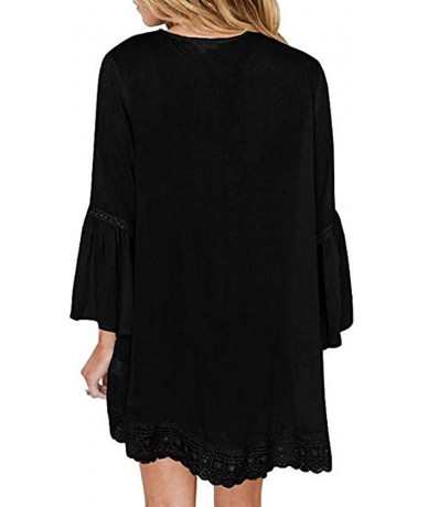 Cover-Ups Womens Kimono Cardigan- Mesh Panel 3/4 Bell Sleeve Floral Open Front Cover Up Tops Blouses - Black - CS18TQDAA2L $2...