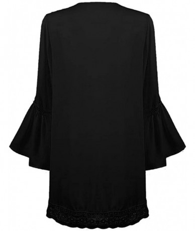 Cover-Ups Womens Kimono Cardigan- Mesh Panel 3/4 Bell Sleeve Floral Open Front Cover Up Tops Blouses - Black - CS18TQDAA2L $2...