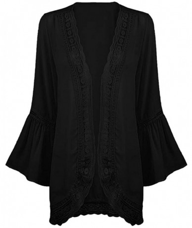 Cover-Ups Womens Kimono Cardigan- Mesh Panel 3/4 Bell Sleeve Floral Open Front Cover Up Tops Blouses - Black - CS18TQDAA2L $2...