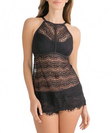 Tankinis Women's Hi-Neck Crochet Tankini with Added Length - Black Hue - CX18888AZ82 $35.06