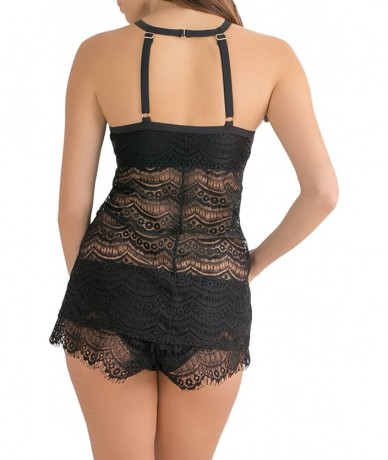 Tankinis Women's Hi-Neck Crochet Tankini with Added Length - Black Hue - CX18888AZ82 $35.06