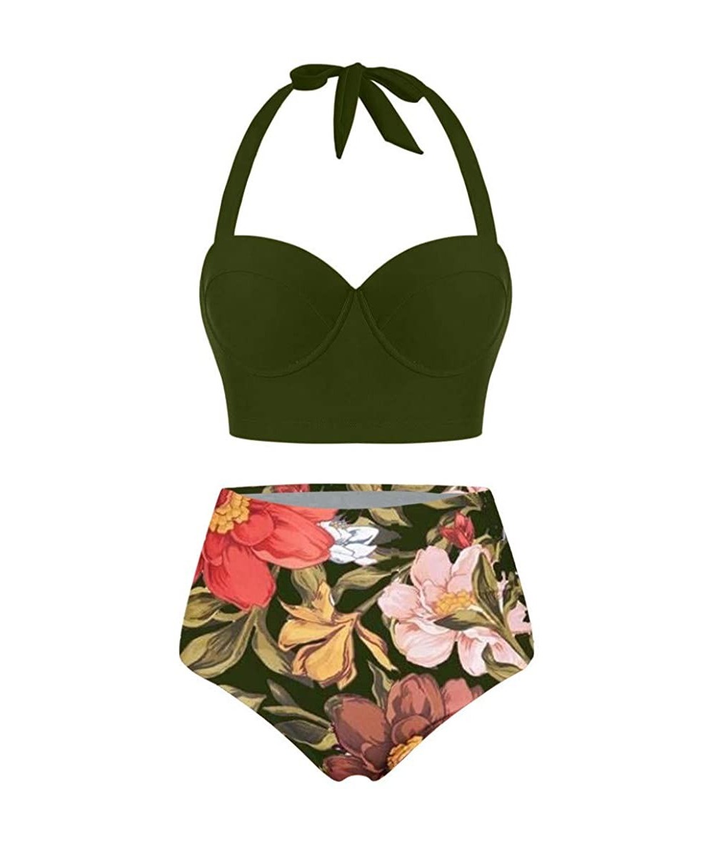 Racing Women's Top Halter Sunflower High Waisted Bikini Bottoms Tankini Set - Green2 - CI196DCQSTW $30.70