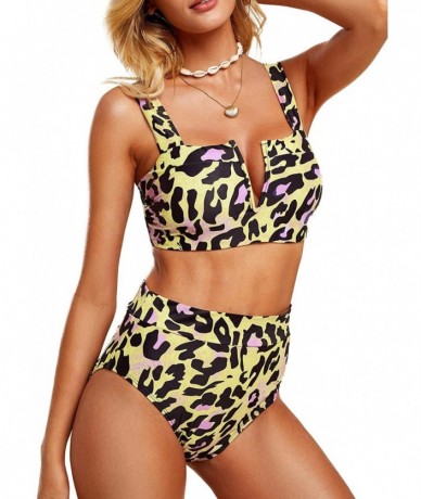 Sets Womens Sexy Two Piece Leopard Printed Swimsuits High Waisted High Cut Padded Bikini Set Bathing Suits - Yellow - CZ193ZU...