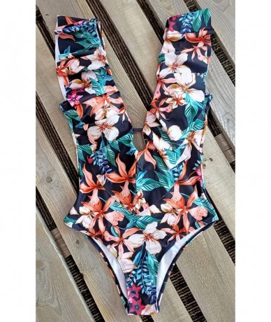 One-Pieces Women One Piece Swimsuit V-Neck Ruffle Bathing Suit Padded Monokini - Print 3 - CN192EKDA6H $51.37