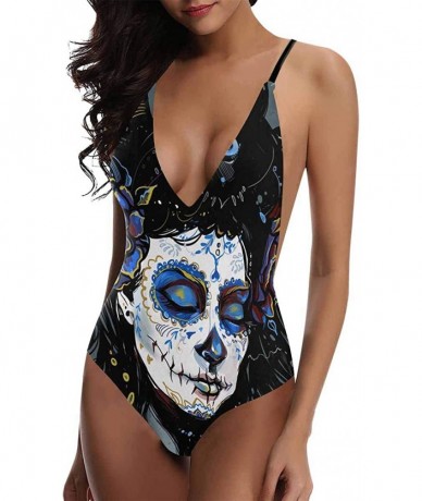 One-Pieces Cool Sugar Skulls V-Neck Women Lacing Backless One-Piece Swimsuit Bathing Suit XS-3XL - Design 10 - C318S5LZD5R $6...