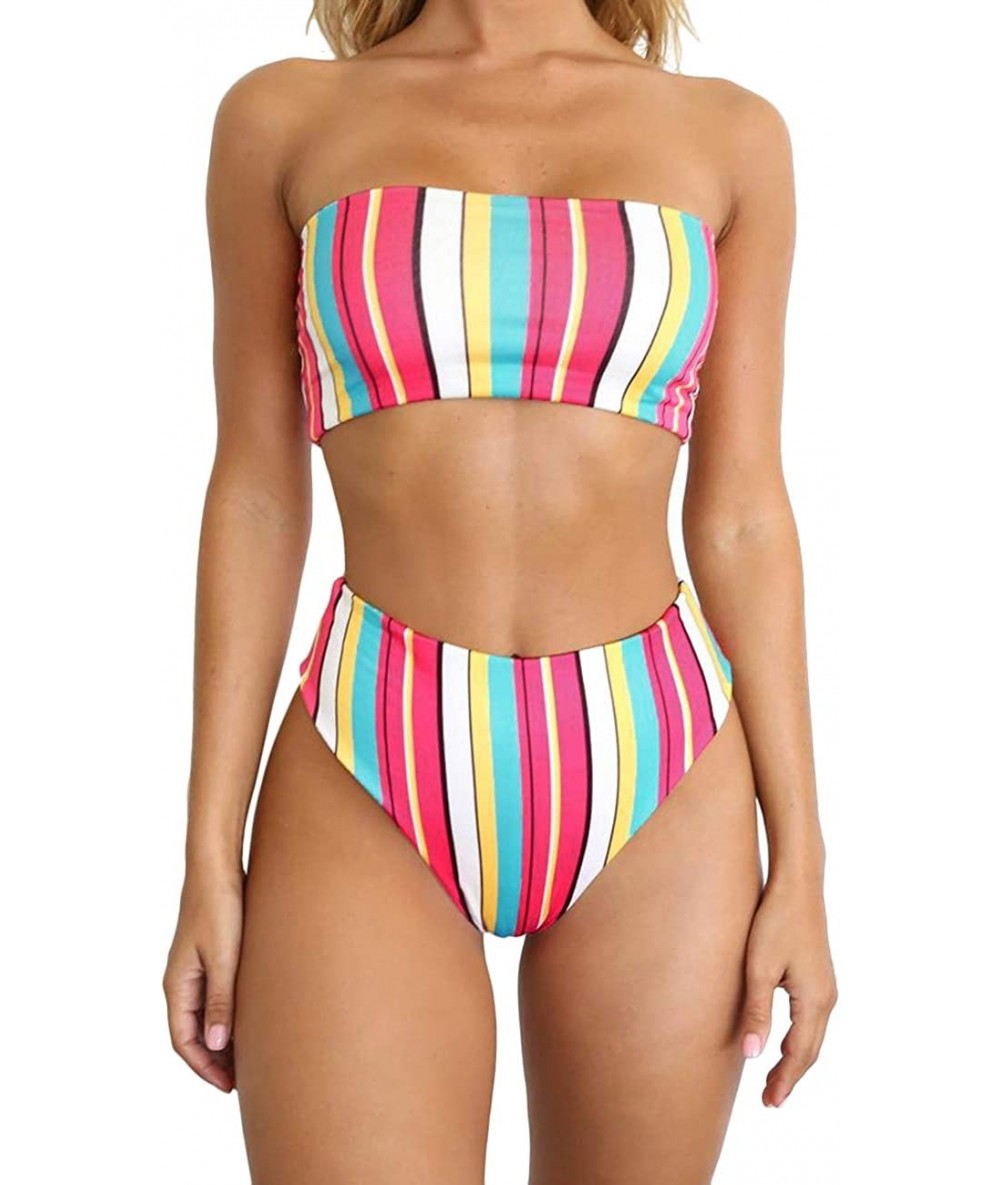 Sets Women's Sexy Two Piece Swimsuit Bandeau Bikini Set Swimwear Bathing Suit - Stripes - CE18UTG4ZS5 $41.48