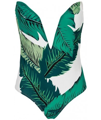 One-Pieces Women's Sexy Strapless Deep V Neck Fresh Leaf Print One Piece Swimsuit - Green - CV17YG424R4 $31.58