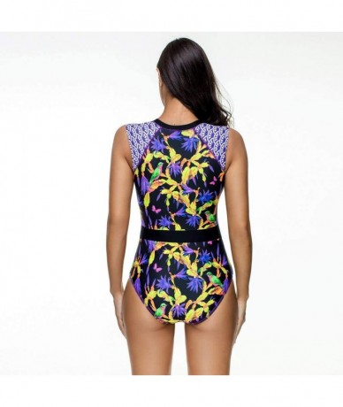 One-Pieces Women Floral Print Rash Guards Long Sleeve Quick Dry Bodysuit One Piece Swimwear Dress Zipper Front Swimsuit Purpl...