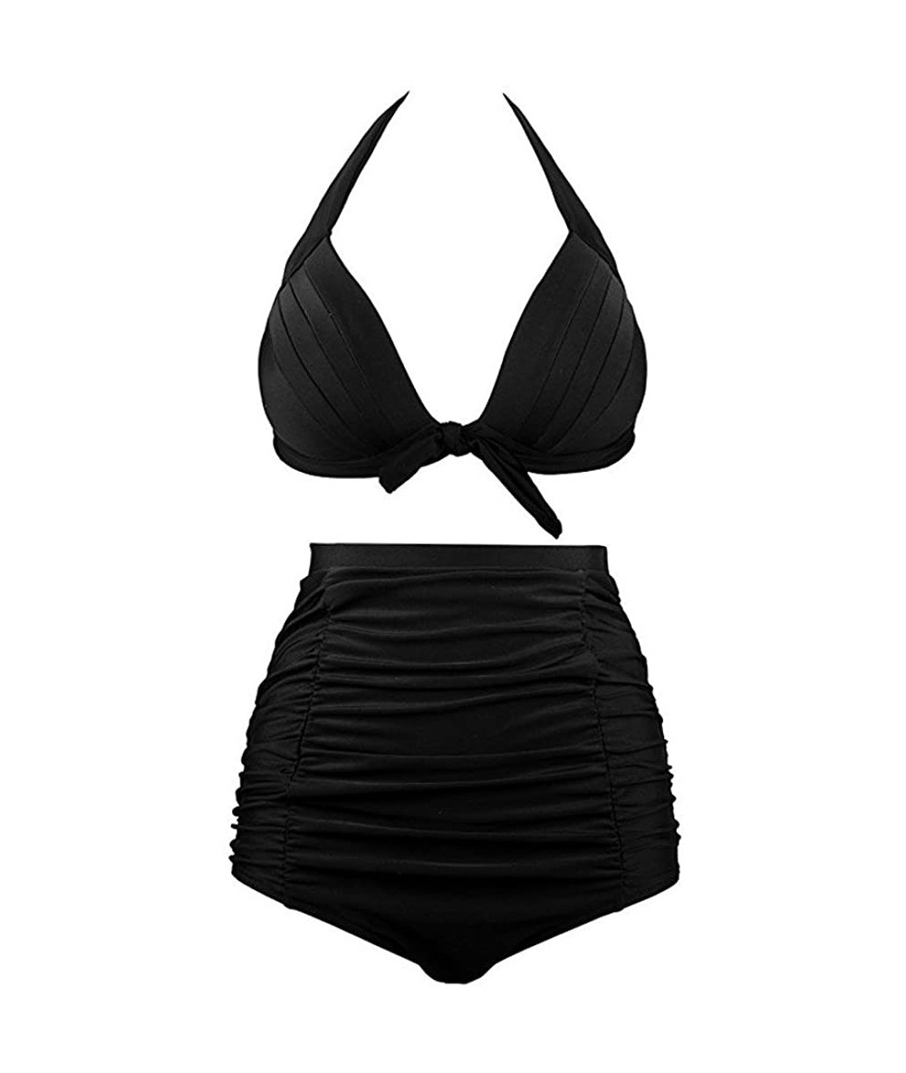 Sets Women High Waisted Bikinis Halter Bandage Swimuit Retro Print Two Piece Bathing Suits Bikini Set - Black C - C819585R8RQ...