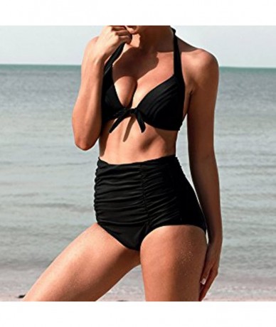 Sets Women High Waisted Bikinis Halter Bandage Swimuit Retro Print Two Piece Bathing Suits Bikini Set - Black C - C819585R8RQ...