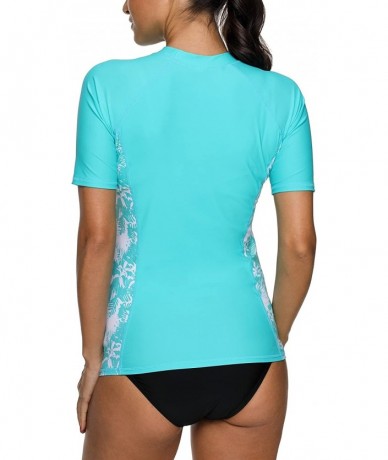 Rash Guards Women Short Sleeve Rash Guard Half-Zip Adjustable Drawstring UPF 50 Swim Shirt - Aqua Flower - CA18DUNSD3A $46.10