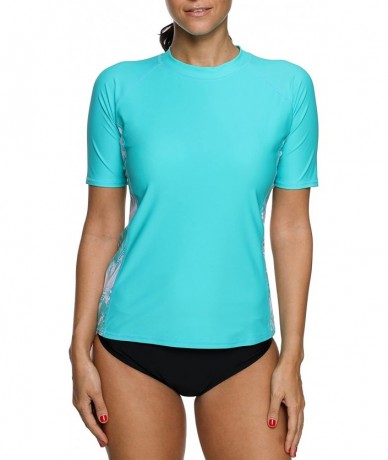 Rash Guards Women Short Sleeve Rash Guard Half-Zip Adjustable Drawstring UPF 50 Swim Shirt - Aqua Flower - CA18DUNSD3A $46.10