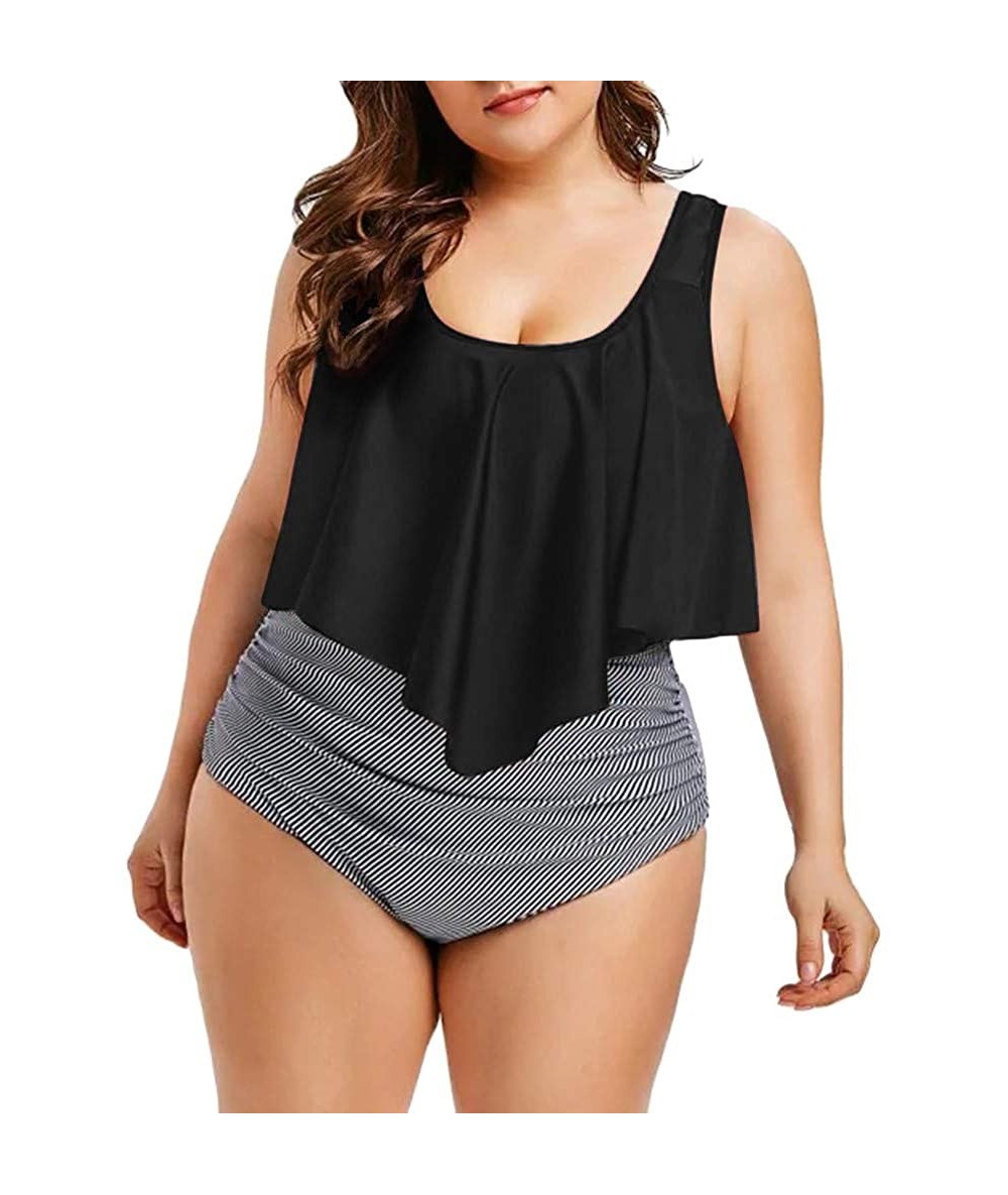 Sets Plus Size Cross Bandage Two Piece Bikini Set Solid Bathing Suits Swimwear Beachwear - Black - C7196XRLRHR $33.46