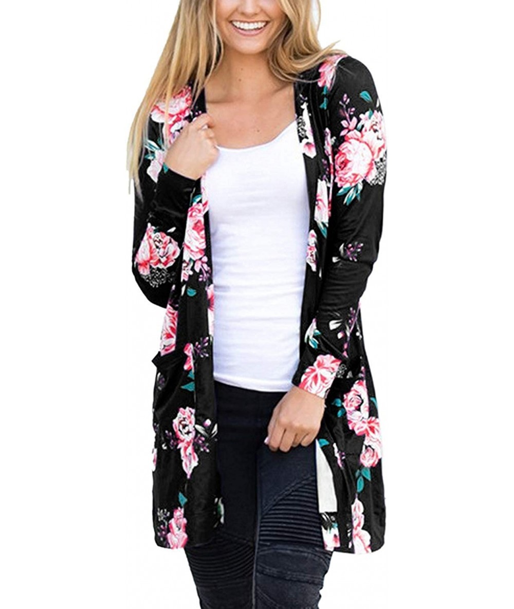 Cover-Ups Womens Floral Cardigan Long Sleeve Wrap Kimono Cardigan Casual Tops Outwear S-3XL - Black - CX18ZCK56X5 $19.52