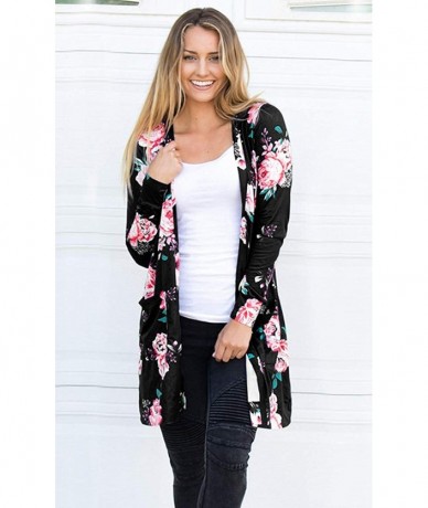 Cover-Ups Womens Floral Cardigan Long Sleeve Wrap Kimono Cardigan Casual Tops Outwear S-3XL - Black - CX18ZCK56X5 $19.52