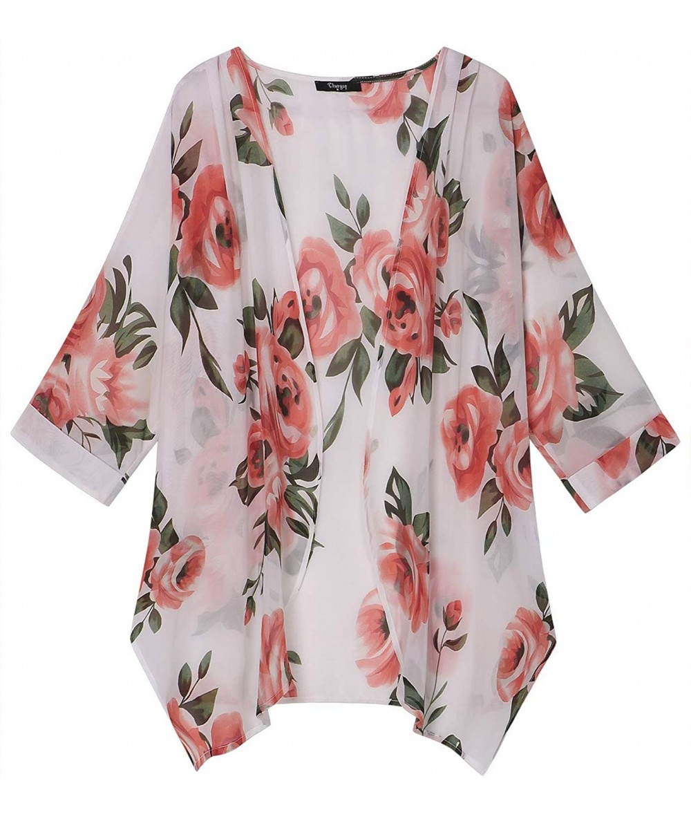 Cover-Ups Women's Floral Print Short Sleeve Irregular Hem Kimono Sheer Chiffon Loose Cardigan - Big Red Flower-white - CT18W3...