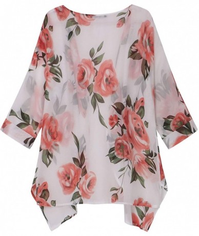 Cover-Ups Women's Floral Print Short Sleeve Irregular Hem Kimono Sheer Chiffon Loose Cardigan - Big Red Flower-white - CT18W3...