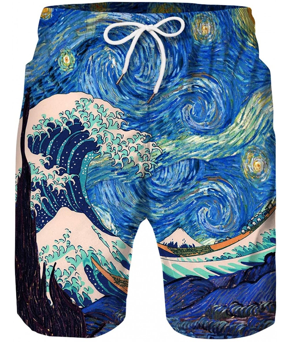 Board Shorts Men's Swim Trunks 3D Hawaiian Print Elastic Waist Board Shorts Beach Swimwear - Blue Waves 029 - CW190MRH9LZ $34.04