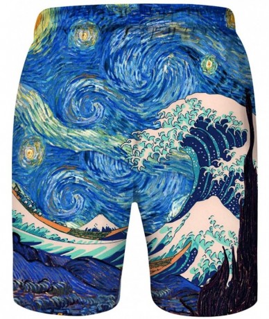 Board Shorts Men's Swim Trunks 3D Hawaiian Print Elastic Waist Board Shorts Beach Swimwear - Blue Waves 029 - CW190MRH9LZ $34.04