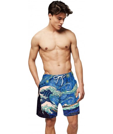 Board Shorts Men's Swim Trunks 3D Hawaiian Print Elastic Waist Board Shorts Beach Swimwear - Blue Waves 029 - CW190MRH9LZ $34.04