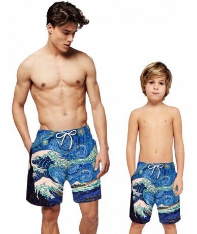 Board Shorts Men's Swim Trunks 3D Hawaiian Print Elastic Waist Board Shorts Beach Swimwear - Blue Waves 029 - CW190MRH9LZ $34.04