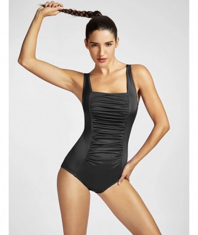 Racing Women's Maillot Shirred Tummy Control Athletic Training One Piece Swimsuits - Black - CR12LOITUIB $42.59