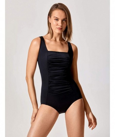 Racing Women's Maillot Shirred Tummy Control Athletic Training One Piece Swimsuits - Black - CR12LOITUIB $42.59