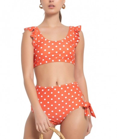 Sets Women's 2 Piece Retro Ruffled Tank Top High Waist Bottom Swimset - Carrot With White Dots - C818R6LYQYQ $57.64