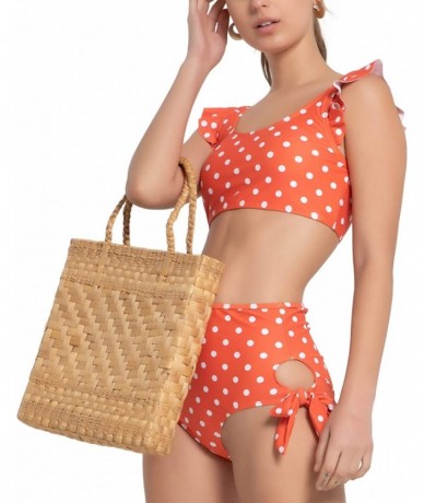 Sets Women's 2 Piece Retro Ruffled Tank Top High Waist Bottom Swimset - Carrot With White Dots - C818R6LYQYQ $57.64