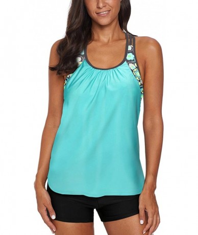 Tankinis Women Leopard Print Strappy Racerback Padded Tankini Top with Boy Shorts - A-light Green - CN18AMS232Y $49.27