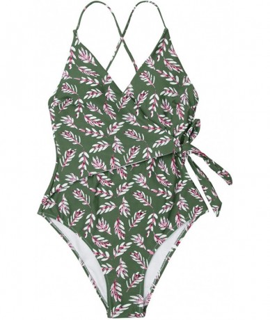 One-Pieces Women's Leaf Print Bathing Suit Wrap Ties Lined One Piece Swimwear - Green Rose Pink - CM18Q829OIM $58.31