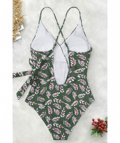 One-Pieces Women's Leaf Print Bathing Suit Wrap Ties Lined One Piece Swimwear - Green Rose Pink - CM18Q829OIM $58.31