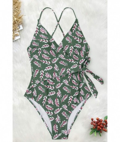 One-Pieces Women's Leaf Print Bathing Suit Wrap Ties Lined One Piece Swimwear - Green Rose Pink - CM18Q829OIM $58.31