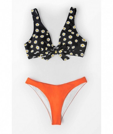 Sets Women's Daisy Knotted V Neck Bikini Sets - Multicolored - CD192KSYK0D $51.37