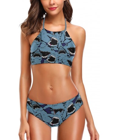 Sets Womens Cute Animal Pattern Summer Hot 2 Pcs High Waist Halter Swimsuit Bikini Set - Angry Sharks - CY18G8AIL7N $46.61