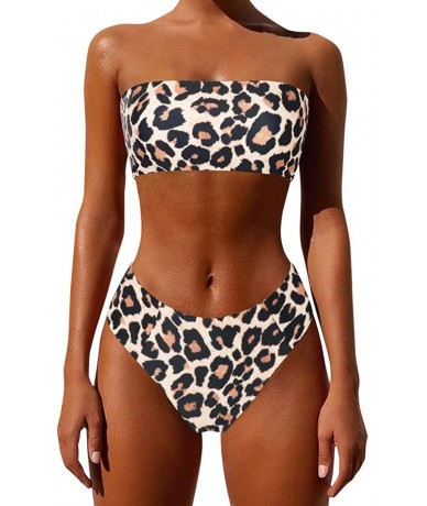 Sets Women's Bandeau Bikini High Waist Swimsuit 2 Pieces Strapless Swimwear - Leopard-1 - C618O86LD4Y $47.08